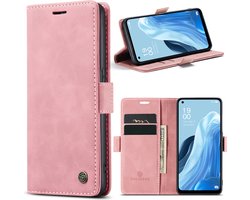 Geschikt Voor Oppo Reno 8 Lite Hoesje - Solidenz Urban Bookcase Reno 8 Lite - Telefoonhoesje Reno 8 Lite - Reno 8 Lite Case Met Pasjeshouder - PU Leren Hoes - Draadloos Opladen - Reno8 Lite - Roze