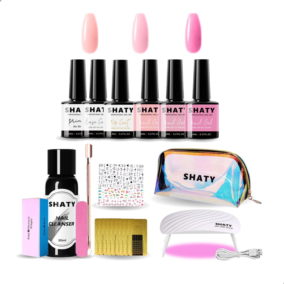 SHATY® BIAB Starter Pakket – Nude Pink - Builder In A Bottle - BIAB Nagellak - BIAB Set - Nail Cleanser, 36W Lamp, Nagelstickers & Handleiding (NL)
