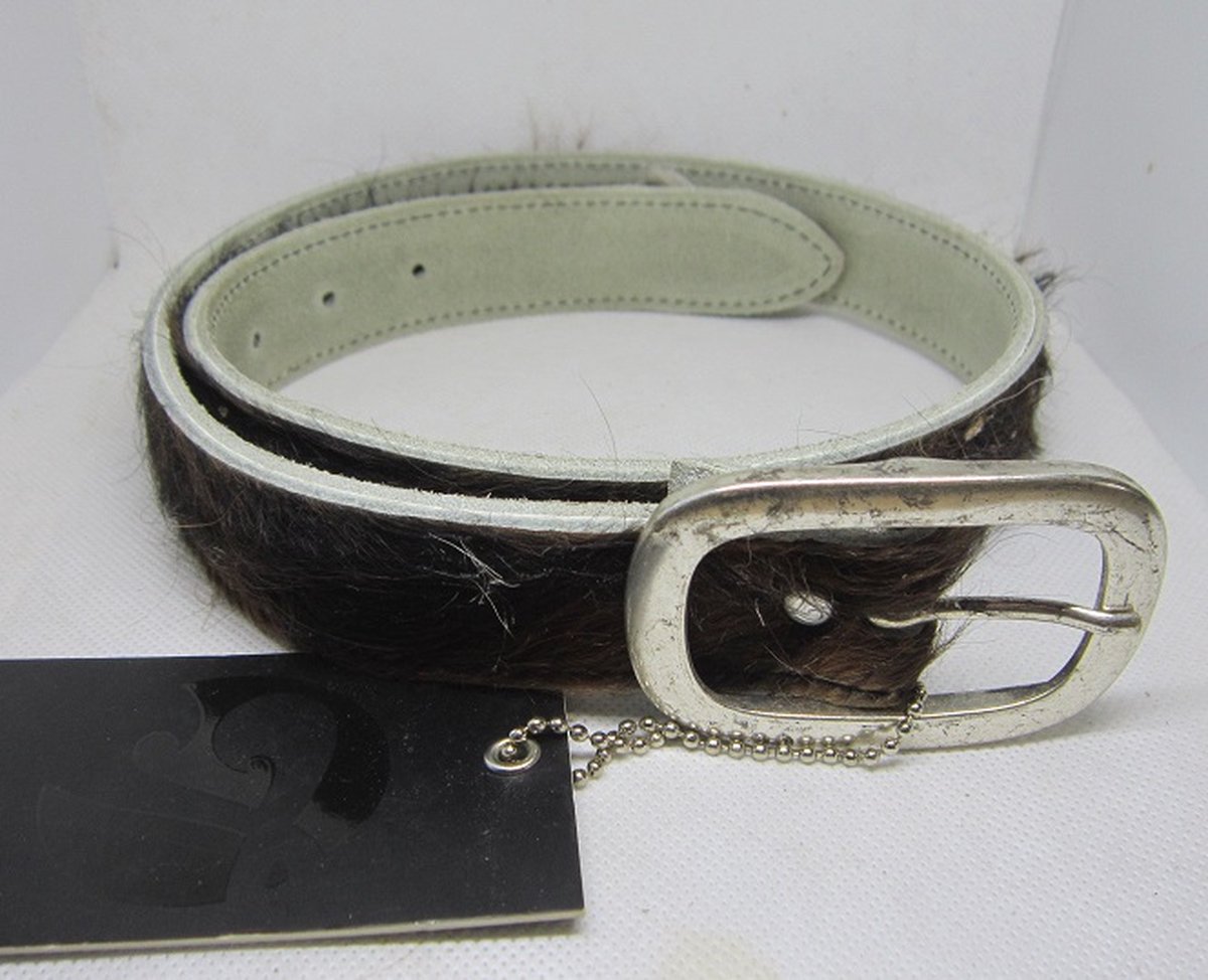 Take It - leren - lederen riem - echt leer - kinderriem - maat 65 - 65 cm - koeienhuid - koeienvacht - bruin - wit - zilveren gesp
