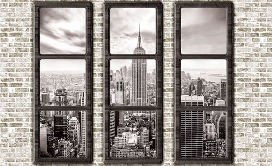 Fotobehang - Vlies Behang - New York Stad en Empire State Building door de Ramen in 3D - 254 x 184 cm