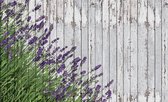 Fotobehang - Vlies Behang - Lavendelbloemen op Hout - 368 x 254 cm