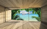 Fotobehang - Vlies Behang - Tropische Zee en Boten Terras Zicht 3D - 208 x 146 cm