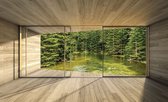 Fotobehang - Vlies Behang - Dennenbos en Rivier Terras Zicht 3D - 208 x 146 cm