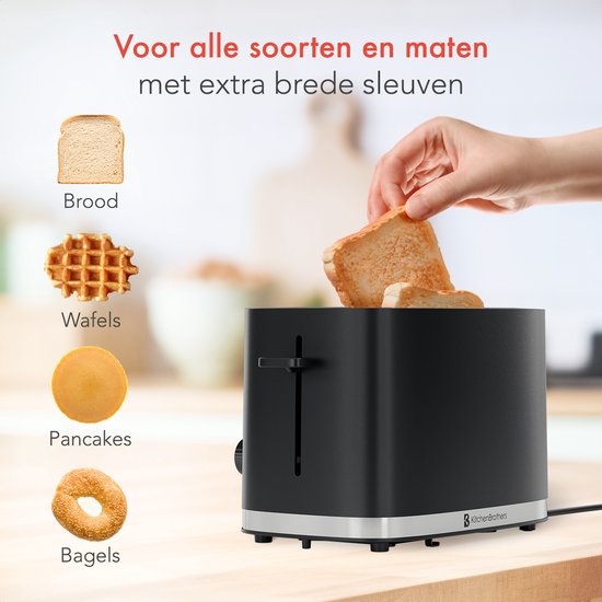 KitchenBrothers Broodrooster - Toaster - 6 Warmteniveaus - 2 Extra Brede Sleuven - 870W - Zwart - KitchenBrothers