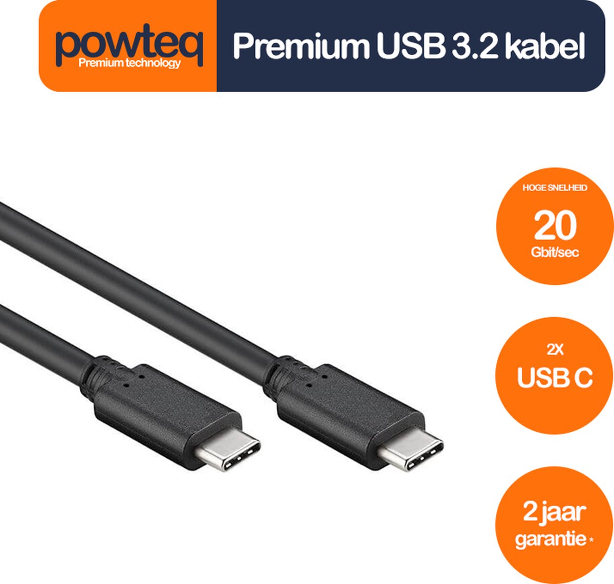 Powteq - 1.5 meter premium USB 3.2 kabel - Zwart - USB C kabel