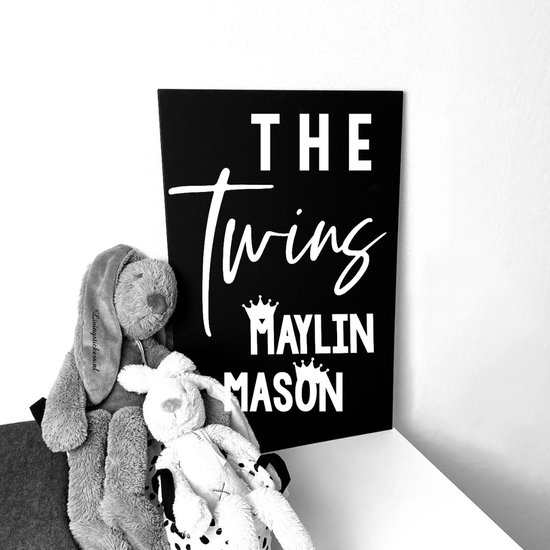 Decoratie bord voor in de babykamer-Tweeling jongens tekstbord-The-twins-Persoonlijk kraam cadeau