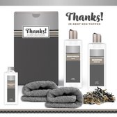 Geschenkset "Thanks! Je bent een topper" - 5 Producten - 750 Gram | Giftset voor hem - Luxe cadeaubox man - Douchegel -Shampoo - Scrubzout - Vader - Wellness - Pakket - Cadeau set - Bedankt - Thank You - Broer - Vriend - Collega - Zilver
