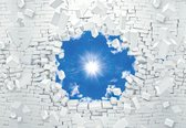 Fotobehang - Vlies Behang - De Zon en de Blauwe Lucht door Gebroken Muur 3D - 416 x 254 cm