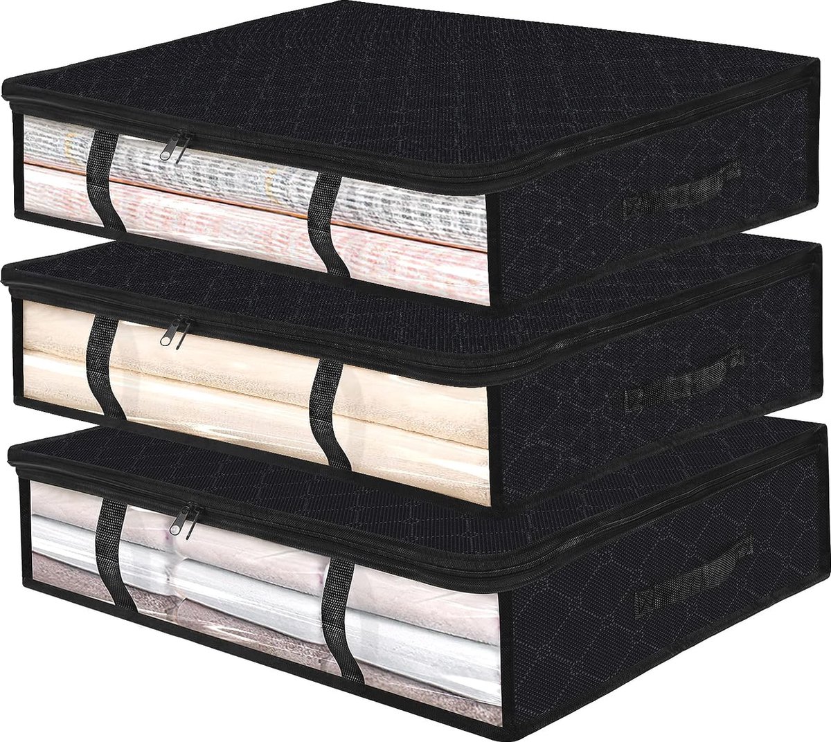 Opbergbox voor onder het bed, opbergzak voor onder het bed met venster en handvat, 59x45x15cm 3 stuks, dikke, opvouwbare non-woven stof, voor het opbergen van dekbedden, kussens, kleding, dekens (zwart)