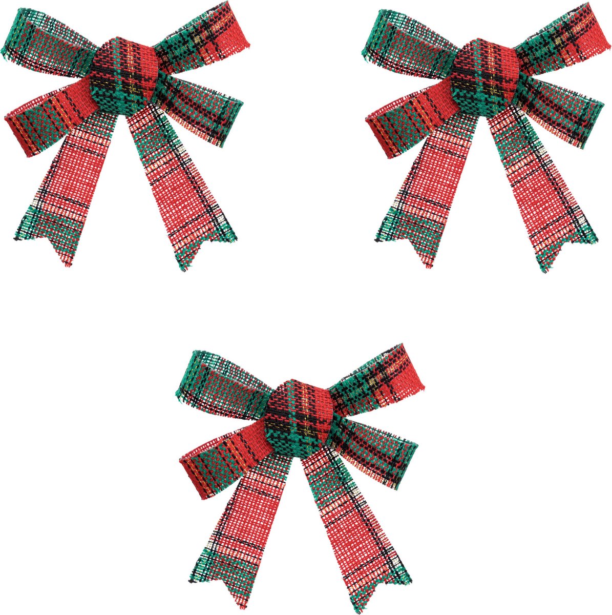 Feeric Christmas kerststrikjes - 3x - rood - groen geblokt - 14 cm - polyester - klassiek - kerstversiering - strikjes