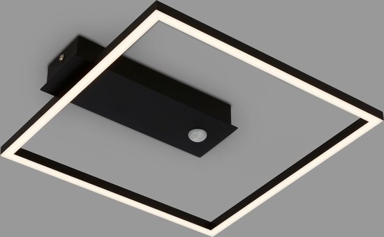 Zwarte vierkante LED plafondlamp met ingebouwde bewegingsmelder.
