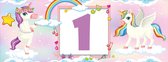 Spandoek Verjaardag 1 jaar - Unicorn - Regenboog - Pastel - Kinderfeestje - 150 x 50 cm - met ringen - Versiering Verjaardag - Jongen - Meisje
