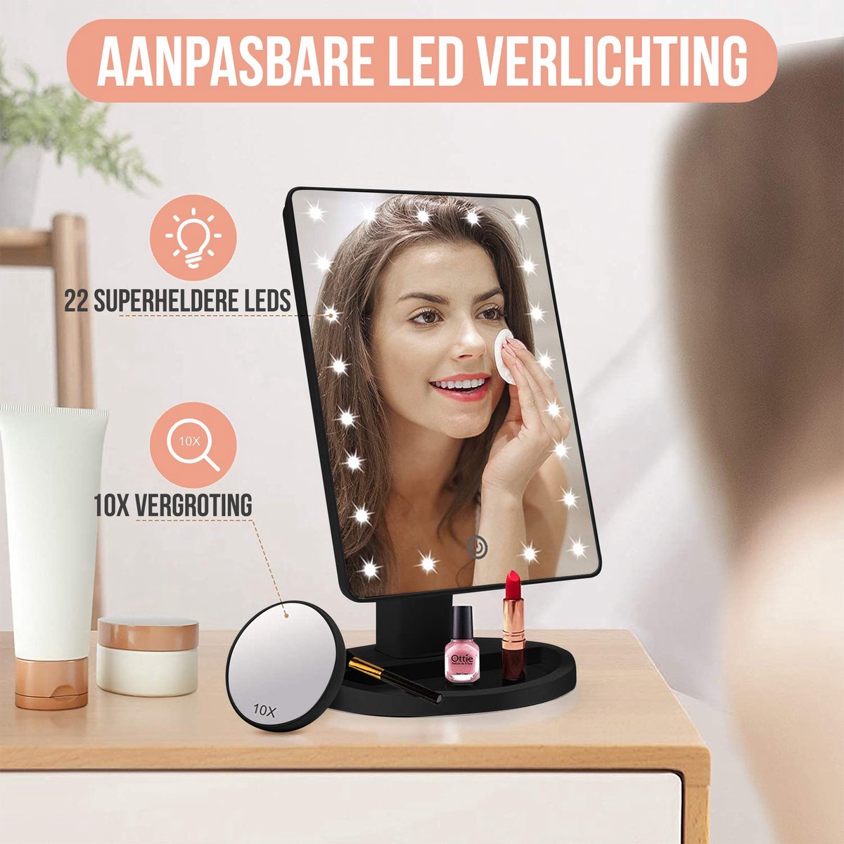 Make-up Spiegel met LED verlichting - Ringen Bakje - 16 Lichtpunten