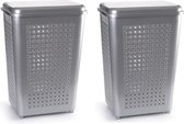 2x stuks grote wasmand/opberg mand met deksel 50 liter in het zilver - Kunststof - 41 x 31 x 61 cm - Wasmanden