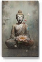 Boeddha met bloemen - Mini Laqueprint - 9,6 x 14,7 cm - Niet van echt te onderscheiden handgelakt schilderijtje op hout - Mooier dan een print op canvas. - LPS535