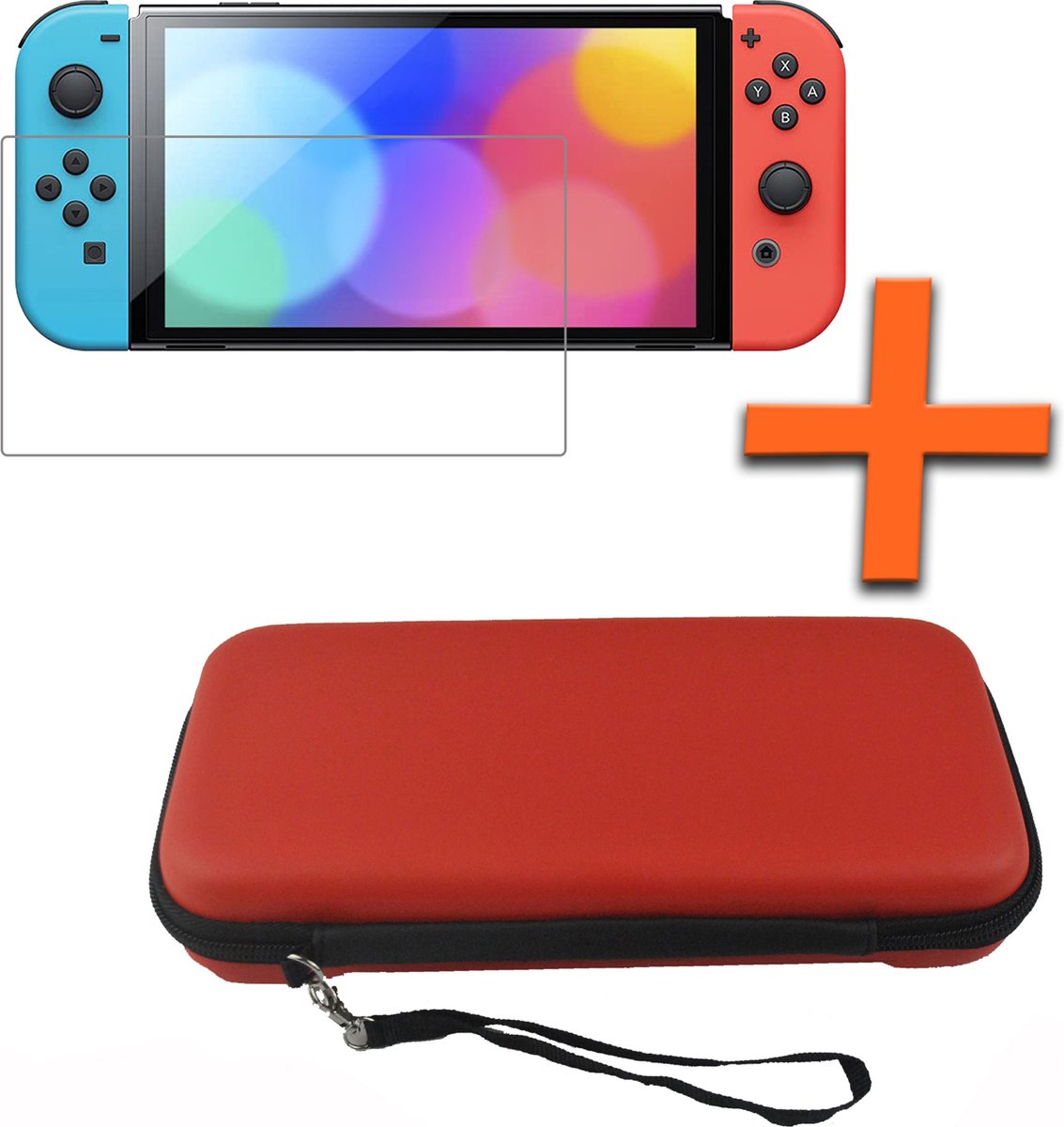 Hoesje Geschikt voor Nintendo Switch OLED Hoes Bescherm Case Hardcover Polsbandje Met Screenprotector - Hoes Geschikt voor Nintendo Switch OLED Case - Rood