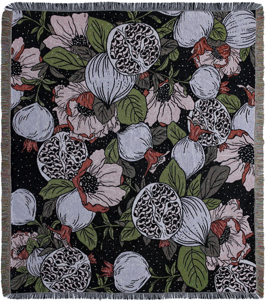 Geweven kleed met print - granaatappel/bloemen - wandkleed - woondecoratie - deken met dessin - zwart/kleur - STUDIO Ivana