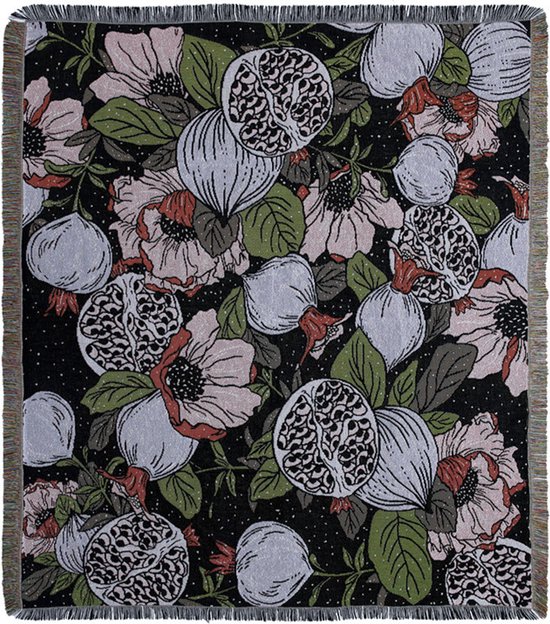 Geweven kleed met print - granaatappel/bloemen - wandkleed - woondecoratie - deken met dessin - zwart/kleur - STUDIO Ivana
