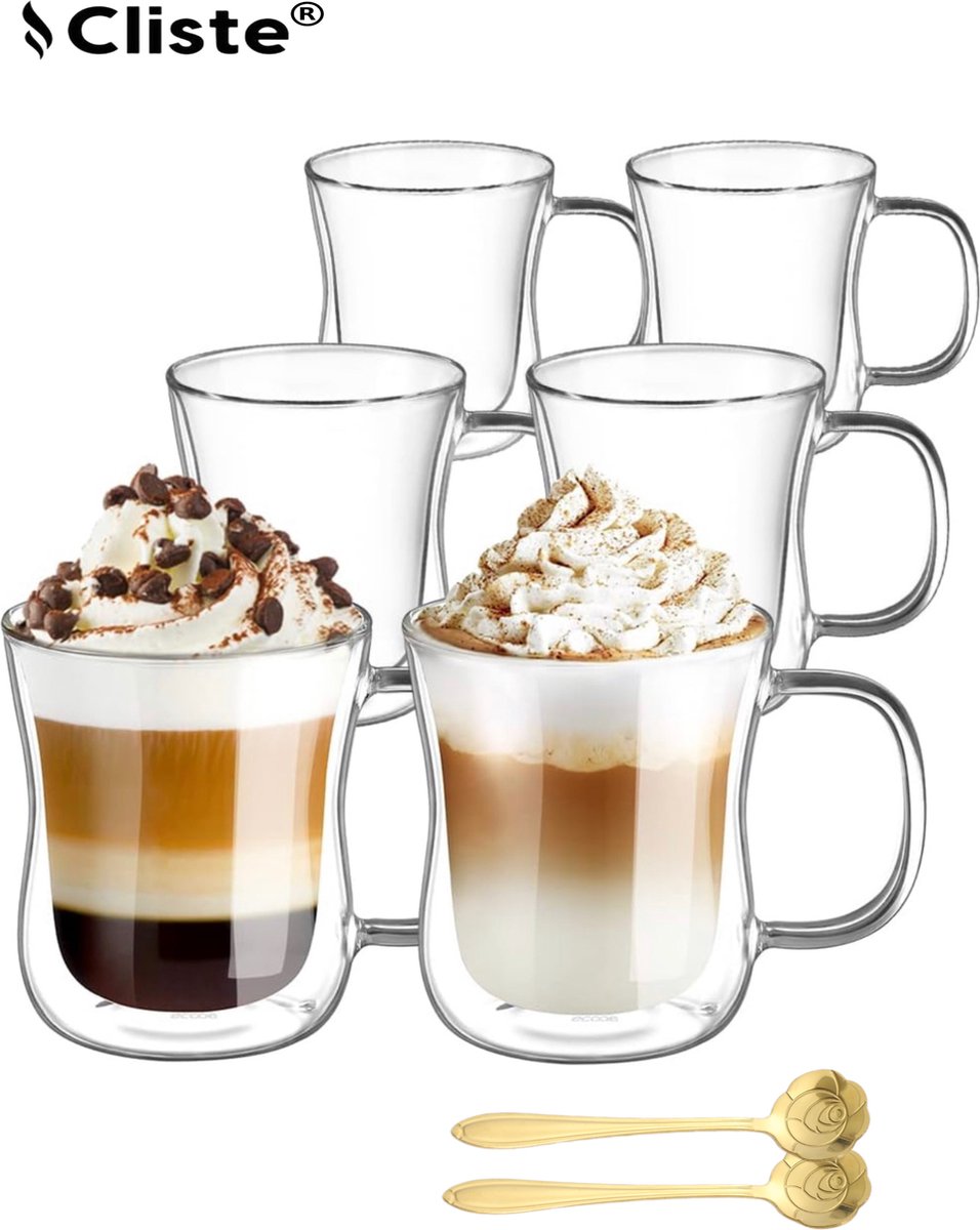 VDN Dubbelwandige Koffieglazen Theeglazen - 300 ML Mokken Set Van 6 Handgeblazen Cappuccino Latte Macchiato Glazen Dubbelwandig VDN Dubbelwandige Koffieglazen Theeglazen - 300 ML Mokken Set Van 6 Handgeblazen Cappuccino Latte Macchiato Glazen Dubbelwandig
