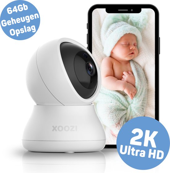 XOOZI Qt64 – Babyfoon met Camera en App – Baby Camera – Baby Monitor – Babyphone – Huisdier Camera – Babyfoons – WiFi 2,4 Ghz – Ultra HD – incl. 64GB Geheugenkaart