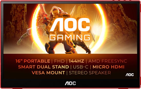 AOC 16 16G3 - Full HD Portable Monitor - USB-C - HDMI - FreeSync - 144hz - 15.6 inch