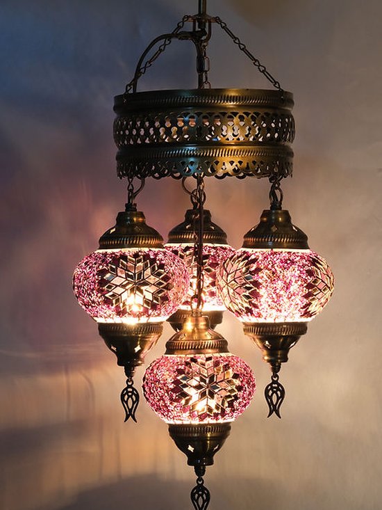 Oosterse Turkse lamp 4 bollen multicolour roze roos mozaiek kroonluchter