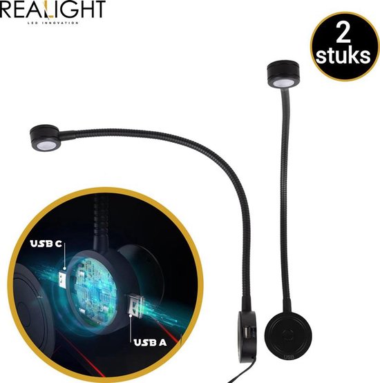 Realight Leeslampje voor in Bed met Dimfunctie - LED bedlampje voor Boek - Hoofdbord nachtlampjes - 1 USB-poort & 1 USB-C poort - 360° Draaibaar - Zwart - 44 cm - 2 Stuks