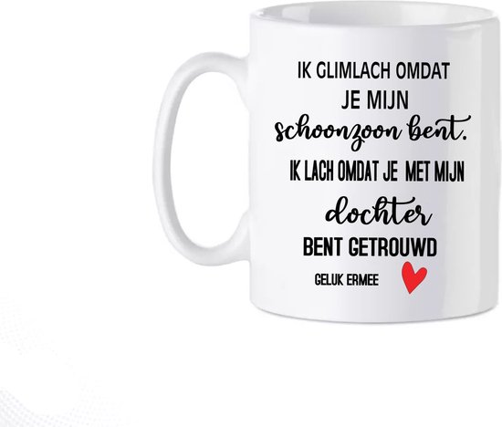 Foto: Bedrukte beker mok schoonzoon zoon grap gein fun cadeau gepersonaliseerde geschenk verjaardag spreuken spreuk quote tekst handgemaakt