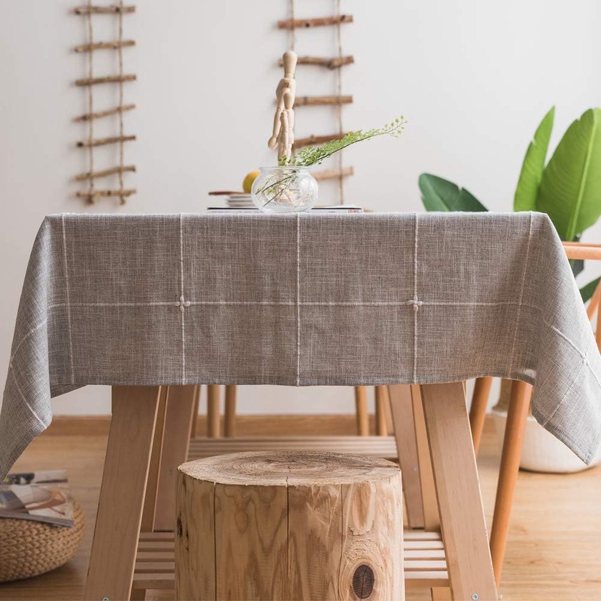 Katoenen linnen tafelkleed voor rechthoekige tafels solide mesh borduurwerk tafelbedekking voor keuken eettafel decoratie (135x300 cm, grijs)