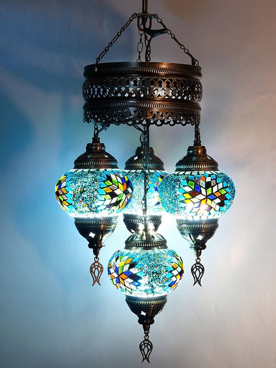 Lampe turque orientale 4 sphères lustre mosaïque multicolore