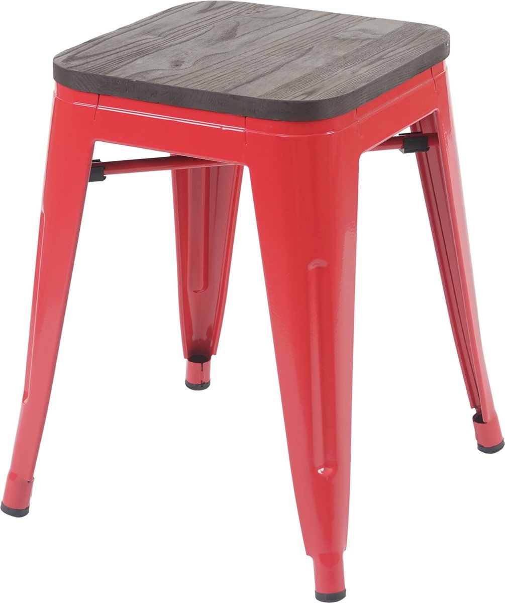 Kruk MCW-A73 incl. houten zitting, metalen kruk zitting kruk, metaal industrieel ontwerp stapelbaar ~ rood