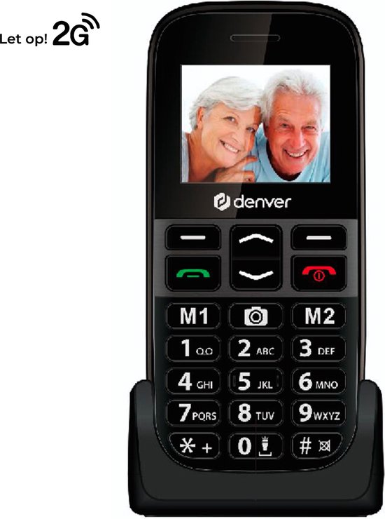 Denver Senioren Mobiele Telefoon - Incl. Prepaid Simkaart - Grote Toetsen - SOS knop - 2G - Dual SIM - GSM - Simlockvrij - Oplaadstation - BAS18300M