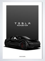 Tesla Roadster Zwart op Poster - 50 x 70cm - Auto Poster Kinderkamer / Slaapkamer / Kantoor