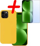 Hoes Geschikt voor iPhone 15 Pro Max Hoesje Siliconen Back Cover Case Met Screenprotector - Hoesje Geschikt voor iPhone 15 Pro Max Hoes Cover Hoesje - Geel