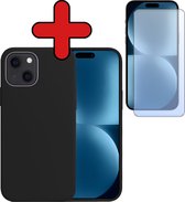 Hoesje Geschikt voor iPhone 15 Hoesje Siliconen Case Hoes Met Screenprotector - Hoes Geschikt voor iPhone 15 Hoes Cover Case - Zwart