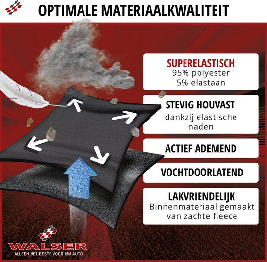 Lagen van een ademende, vochtdoorlatende, rekbare autoverdek met fleece binnenkant.