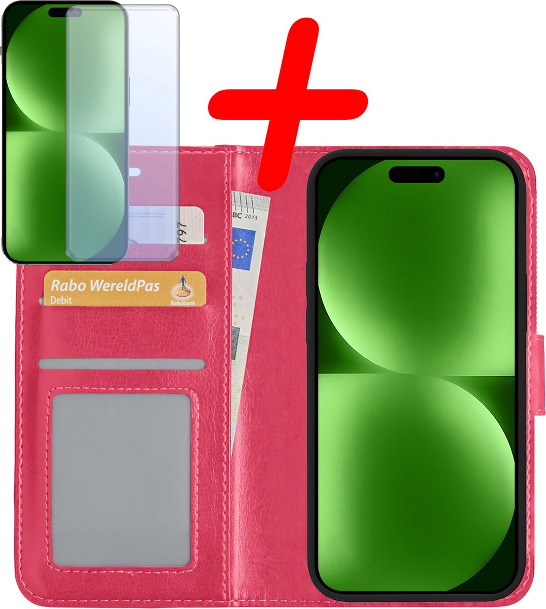 Hoesje Met Screenprotector - Geschikt voor Apple iPhone 15 Pro Max - Luxe Pasjeshouder - Bookcase Portemonee - Flip Case - Kunstleer Book Case - Flipcase - Book Cover - Walletcase - Portemonneehoes - Donkerroze