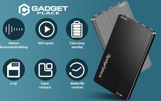 Zwarte en grijze digitale dictafoons met functies: ruisonderdrukking, MP3-speler, lange standby, 8GB, compact, reset.