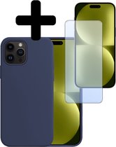 Hoesje Geschikt voor iPhone 15 Pro Hoesje Siliconen Case Met Screenprotector - Hoes Geschikt voor iPhone 15 Pro Hoes Siliconen - Donkerblauw