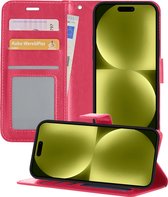 Hoesje Geschikt voor iPhone 15 Hoesje Book Case Hoes Wallet Cover - Hoes Geschikt voor iPhone 15 Hoesje Bookcase Hoes - Donkerroze