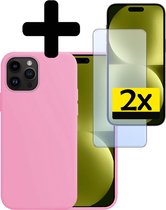 Hoesje Geschikt voor iPhone 15 Pro Hoesje Siliconen Case Met 2x Screenprotector - Hoes Geschikt voor iPhone 15 Pro Hoes Siliconen - Lichtroze