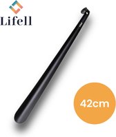 Lifell schoenlepel, 42cm lang, zwart, van kunststof met een gebogen uiteinde.