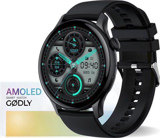 GØDLY® Amoled Smartwatch 46mm - voor Heren & Dames - Stappenteller - Kcal Teller - Slaapmeter & Hartslagmeter - Geschikt voor iOS & Android - Zwart