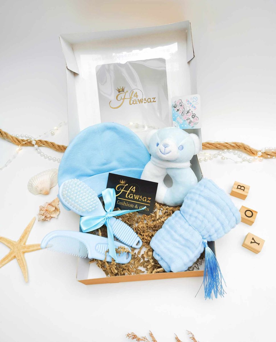 Goedkoopste Genderneutraal kraamcadeau 5 stuks - Hawsaz.nl cadeau - Babyset - Gepersonaliseerde cadeau - Babyerzorging - Beren rammelaar - bijtring- Baby knuffel - Geboortecadeau - babyshower - Kraampakket - Babygeschenkset - kam en borstel set met naam