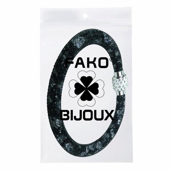 Zwarte armband van gaas met glitterbolletjes in verpakking met 'FAKO BIJOUX' logo en klavertjes vier.