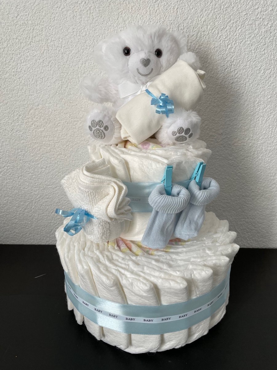 Image of 2-Laags Luiertaart Beer SoftTouch Wit/Blauw Jongen
