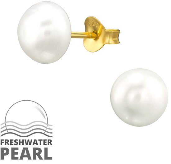 Joy|S - Zilveren parel oorbellen - 8 mm - fresh water pearl - 14k goudplating