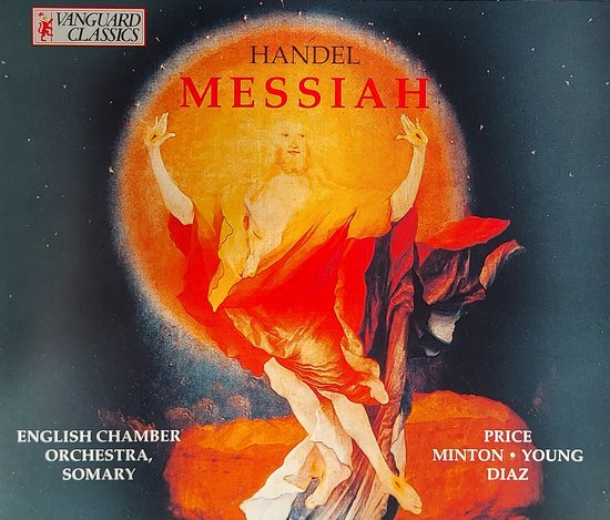 Gevlamde engelenfiguur in een cirkel van licht met de tekst 'Vanguard Classics Handel Messiah'.