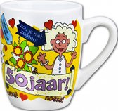 Mok - Sorini Bonbons - Hoera 50 jaar Vrouw - Cartoon - In cadeauverpakking met gekleurd lint