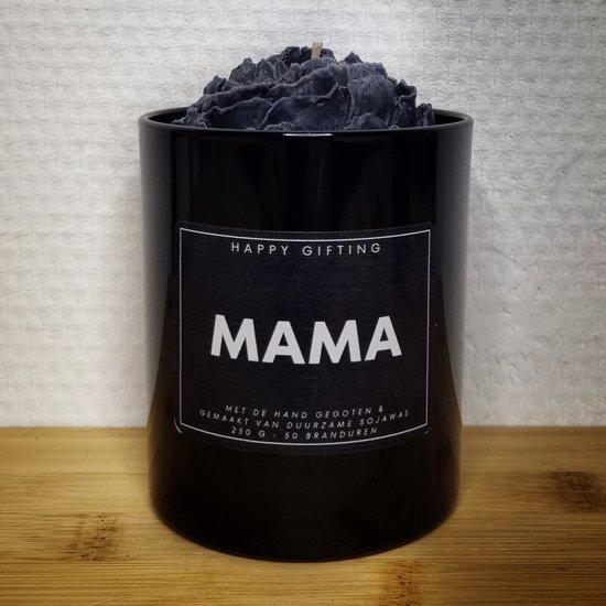 Mama - Soja was geurkaars - Zwarte roos - Kaarsglas glanzend zwart - Kaneel geur - 250 gram - 50 branduren - Geurkaars - Kaars - Kaars met tekst - Soja was – Soy wax – Handgemaakt – Cadeau – Cinnamon - Geschenk – Duurzaam